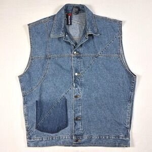 Vintage Denim Vest AllCity XL Blue Asymmetrical Patch Pocket‎ Button Trucker 90s
